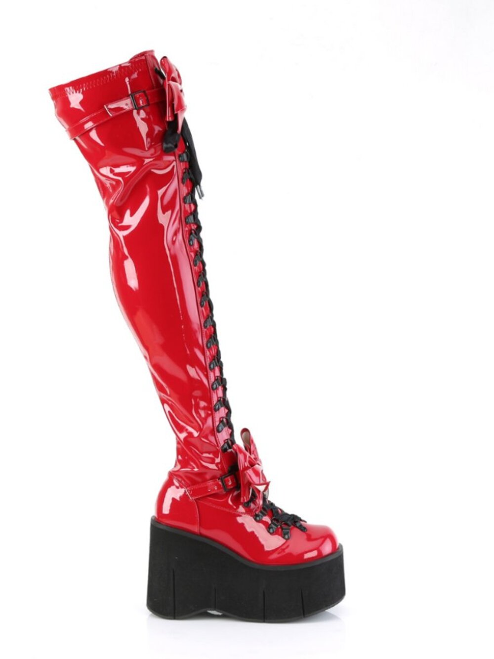 Red Pat Thigh-High Boots with Adjustable Straps & Removable Bows